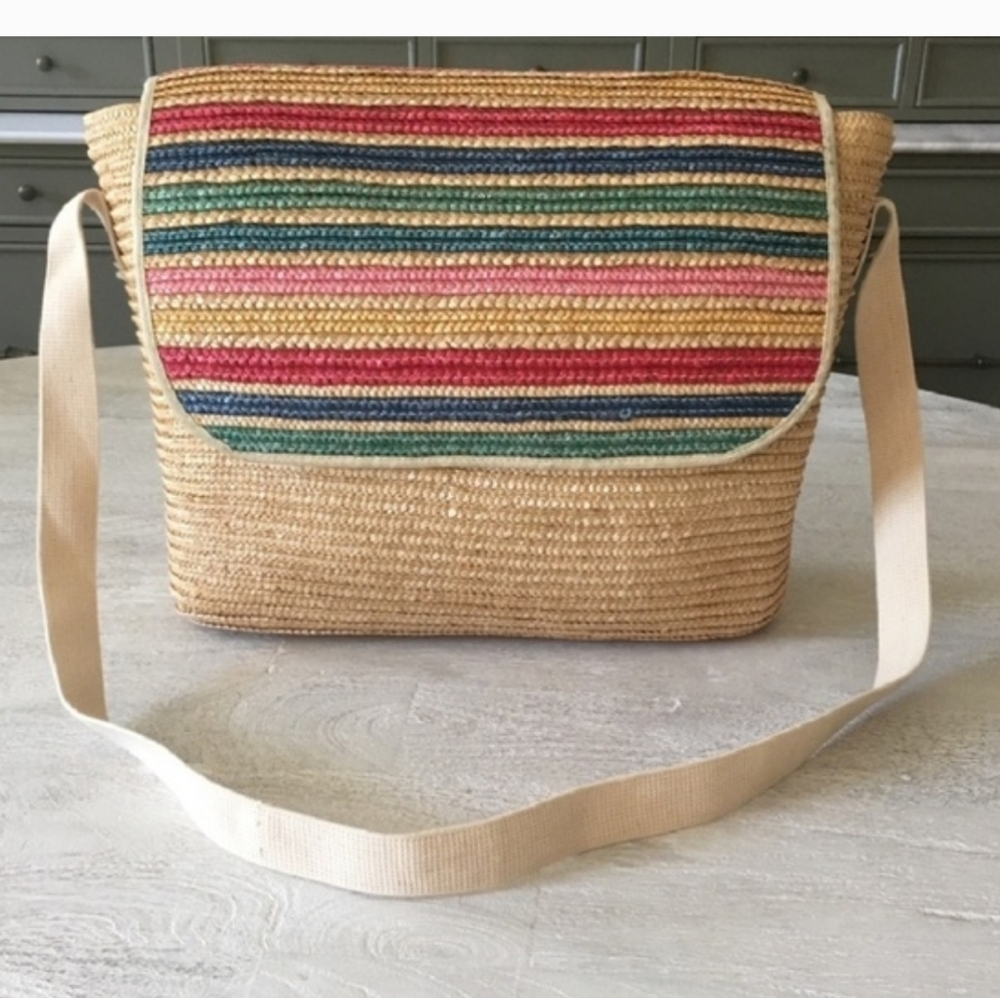 Vintage 80’s KORET Raffia Woven Straw Messenger Tote Colorful Beach Bag
